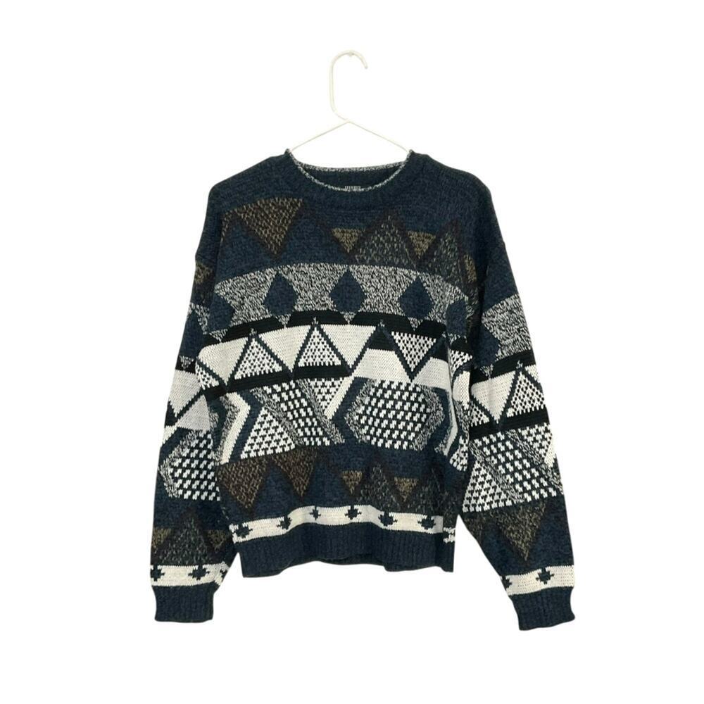 VTG 90s EXPRESSIONS Mens Medium Geometric Knit Dad Grandpa Crewneck Sweater